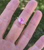 Big Natural Cushion Cut Pink Sapphire and Real Trillion Diamond Ring in solid platinum for sale