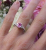 Natural Pink Sapphire Ring - Oval Cut with real diamond sides in a solid 14k White Gold setting for sale