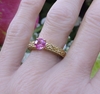 Natural Round Cut Pink Sapphire Solitaire Wedding Ring with ornate carved  14k yellow gold band for sale