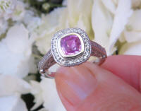 Platinum Natural 6mm Cushion Pink Sapphire Wedding Ring with Real Diamond Halo for sale