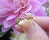 Natural Round Semi Bezel Set Pink Sapphire in real diamond pave set 14k yellow gold band