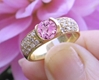 14k yellow gold Natural Round Pink Sapphire Ring with real pave set diamond band for sale