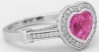Heirloom Quality Heart Cut Bubble Gum Natural Pink Sapphire and Diamond Halo Engagement Ring in 18k white gold