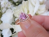Rose Gold trillion cut natural pink sapphire ring with real diamond halo