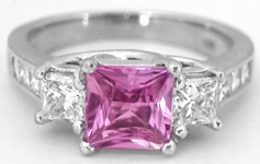 Princess Cut Natural Pink Sapphire and Princess Diamond Three Stone Engagement Ring in a solid 14k white gold band for sale