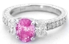 Oval Natural Pink Sapphire and Oval Diamond Three Stone Ring in 14k white gold for sale