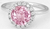 Real Round Peachy Pink Sapphire Ring with a Diamond Halo in simple white gold band