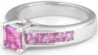 Princess Cut Natural Pink Sapphire Statement Ring in 14k white gold with Channel Set Pink Sapphires in the band