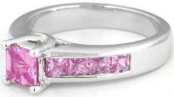 Princess Cut Natural Pink Sapphire Statement Ring in 14k white gold with Channel Set Pink Sapphires in the band