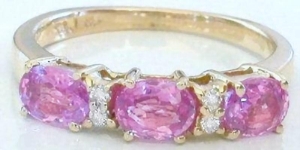 Oval Natural Pink Sapphire Band Ring in 14k yellow gold -Triple East West Set Sapphires