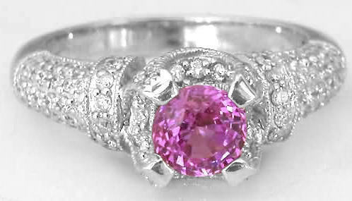 Round Cut Natural Pink Sapphire Real Pave Diamond Ring in 18k white gold setting