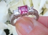 6mm Princess Cut Natural Pink Sapphire Ring with Real Princess Cut Diamaonds in ornate carved detailed 14k white gold band for sale
