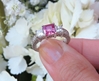 Princess Cut Natural Pink Sapphire Engagement Ring with Real Princess Cut Diamaonds in ornate detailed solid 14k white gold