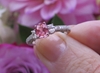 Natural Oval Peach Pink Sapphire Wedding Ring with Real Oval Side Diamonds and Vintage Design 14k white gold band