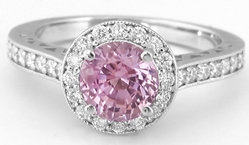 Natural Round Pink Sapphire Ring with Diamond Halo in 14k white gold