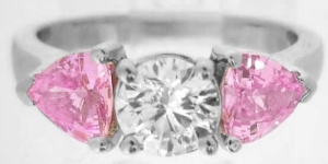 Real ideal cut Round Diamond Engagement Ring with Natural Trillion Pink Sapphires in 14k white gold for sale