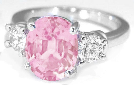 Large Oval Natural Pink Sapphire and Diamond Three Stone Ring for sale