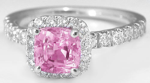 Natural Pink Sapphire Diamond Halo Ring in 14k white gold for sale