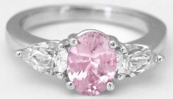 Oval Real Light Pink Sapphire Three Stone Ring with Natural White Sapphire side gemstones in sold 14k white gold for sale