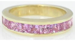 Natural Pink Sapphire Anniversary Ring with 2.5mm Princess Cut Pink Sapphires in 14k yellow gold