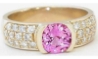 Pave set round cut natural pink sapphire engagement ring in 14k yellow gold