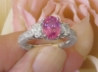 Oval Natural Pink Sapphire and Genuine Oval Diamond Three Stone Engagement Ring in 14k white gold for sale