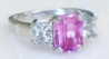Radiant cut natural hot pink sapphire three stone engagement ring in platinum