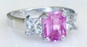 Radiant cut natural hot pink sapphire three stone engagement ring in platinum