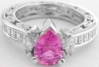 Vintage Style Natural Pear Cut Pink Sapphire Ring with Real Baguette Diamonds in solid 18k white gold