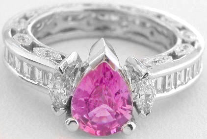 Vintage Style Natural Pear Cut Pink Sapphire Ring with Real Baguette Diamonds in solid 18k white gold