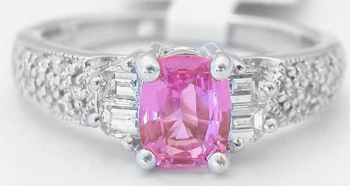 Cushion Natural Pink Sapphire Engagement Ring with Baguette and Pave Diamonds in 18k white gold