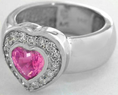 Natural Pink Sapphire Ring - Bold Heart Cut Sapphire with a Real Diamond Halo in solid wide 14k white gold setting