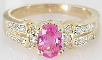 Natural Oval Pink Sapphire Engagement Ring in solid 14k yellow gold for sale