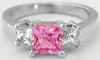 Natural Princess Cut Pink Sapphire and White Sapphire Three Stone Engagement Ring in 14 white gold