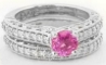 Natural Round Pink Sapphire and Diamond Engagement Ring Set in solid ornate 14k white gold mounting for sale
