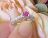Ornate Round Natural Pink Sapphire and Real Diamond Ring in white gold for sale