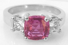 Platinum Untreated Natural Pink Sapphire Three Stone Engagement Ring with Princess White Sapphires for sale