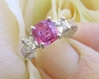 Platinum Untreated Natural Ceylon Pink Sapphire Three Stone Engagement Ring with Princess White Sapphires for sale