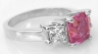 Platinum Unheated Natural Cushion Pink Sapphire Three Stone Engagement Ring with Princess White Sapphires for sale