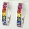 Natural Princess Cut Rainbow Sapphire Hoop Earrings in 14k white gold