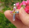 Natural  Rainbow Sapphire Cross Pendant in 14k white gold . All Genuine Sapphires.