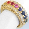 Side View of Stunning Three Row Natural Rainbow Sapphire Anniversary Band Ring in 14k yellow gold