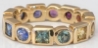 Round cut natural rainbow sapphire eternity ring in 14k yellow gold