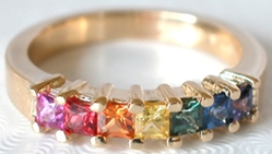 Natural Princess Cut Rainbow Sapphire Ring in 14k yellow gold