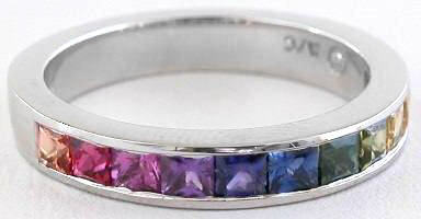 Natural Princess Cut Rainbow Sapphire Ring in 14k white gold (SSR-5408)