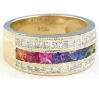 Natural Princess Cut Rainbow Sapphire and Diamond Ring in 14k yellow gold - Anniversary Style