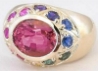Signature Bold Bezel Set Oval Pink Tourmaline and Rainbow Sapphire Halo Ring in 14k yellow gold