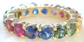 4mm round natural rainbow sapphire band ring in 14k yellow or white gold