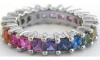 Princess cut natural rainbow sapphire eternity ring in gold