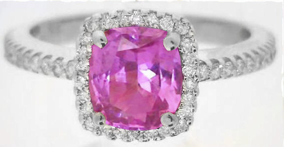 Cushion Cut Hot Pink Natural Sapphire Engagement Ring with Real Diamond Halo in 14k white gold